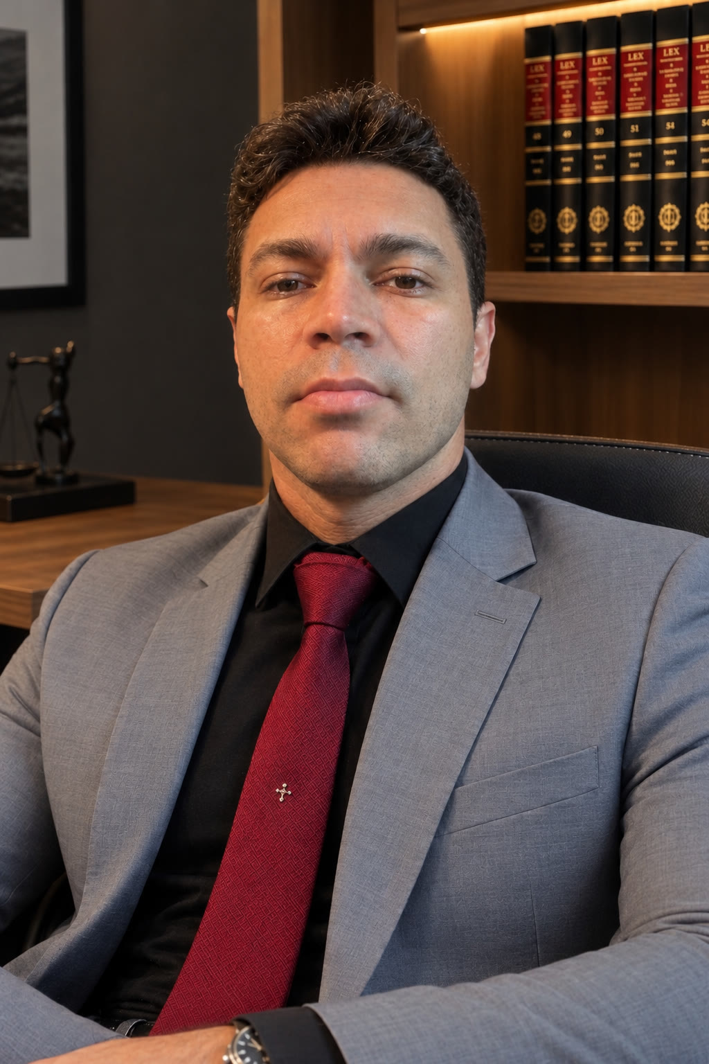 Thiago Barbosa, advogado criminalista, sentado em seu escritório em frente a uma estante de livros jurídicos